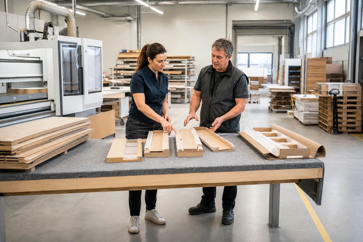 Künftige Betreiberin und Produktionsleiter besprechen Bauteile am Arbeitstisch